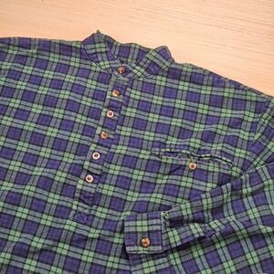 Lee Valley Ireland Grandfather Collar Henley Flannel Shirt Mens L Green Plaid